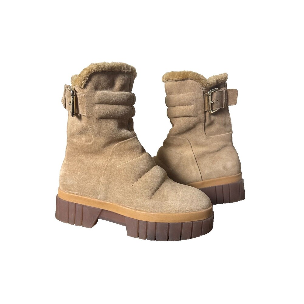 Free People Tan Suede Faux Fur Chunky Platform Boots Buckle Womens 6.5 EU 36.5